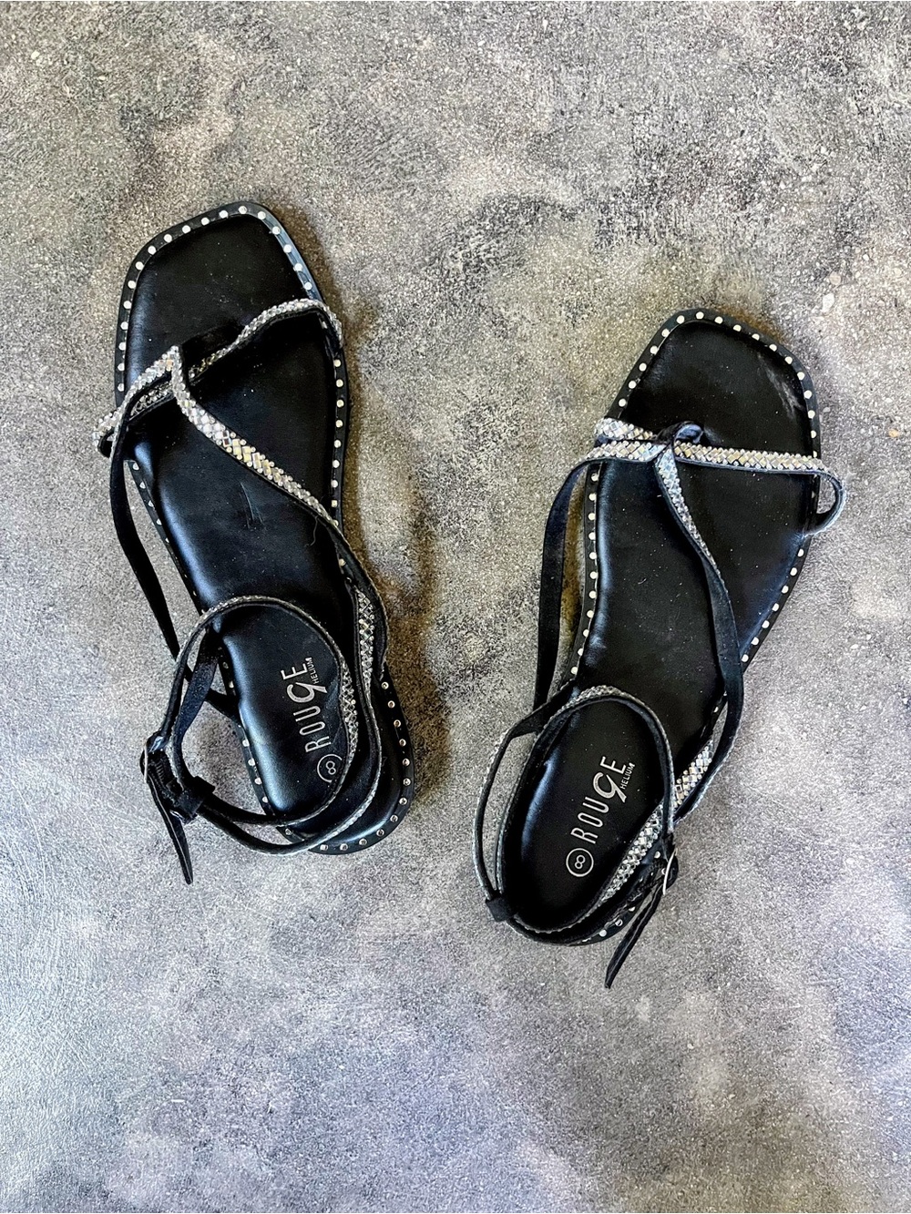 Rouge Helium Black Rhinestone-Trim Strappy Sandals